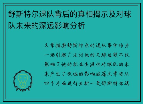 舒斯特尔退队背后的真相揭示及对球队未来的深远影响分析